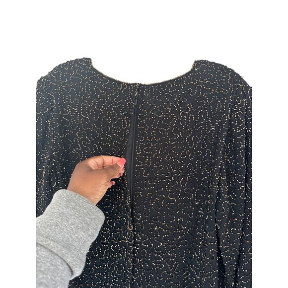 JKara Gold Black Beaded V-Neck Dressy Party Formal Evening Blouse Size Medium - Picture 10 of 15